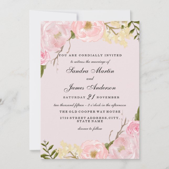 Elegante invitación a la boda floral rosada (Anverso)