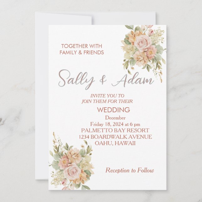 Elegante invitación a la boda floral rosada (Anverso)