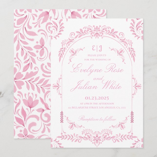 Elegante invitación a la boda floral rosada (Anverso / Reverso)