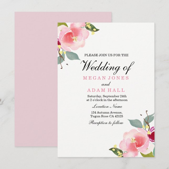 Elegante invitación a la boda floral rosada (Anverso / Reverso)