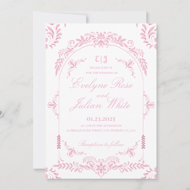 Elegante invitación a la boda floral rosada (Anverso)
