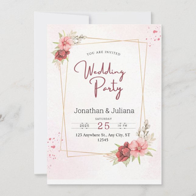 Elegante invitación a la boda floral rosada (Anverso)