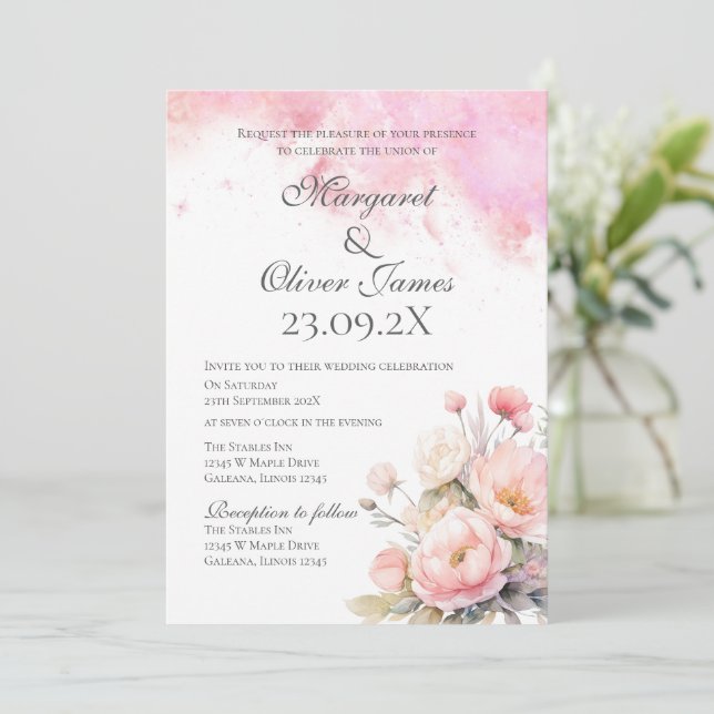 Elegante invitación a la boda floral rosada (Anverso de pie)