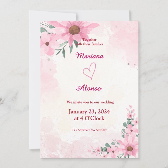 Elegante invitación a la boda floral rosada (Anverso)