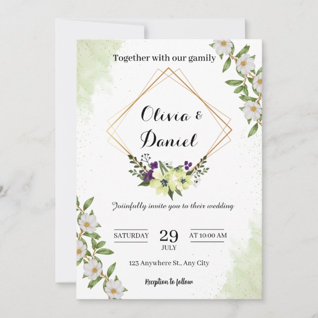 Elegante invitación a la boda floral verde (Anverso)