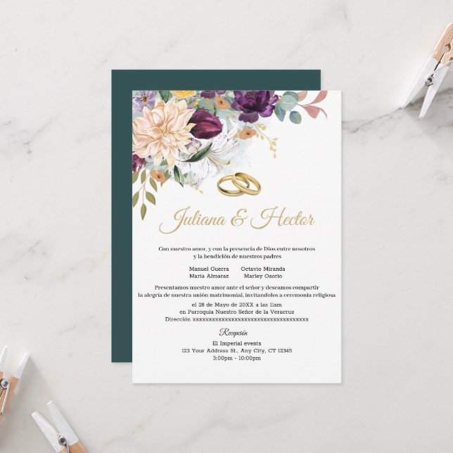 Elegante invitación a la boda floral Verde azulada (Anverso/Reverso In Situ)