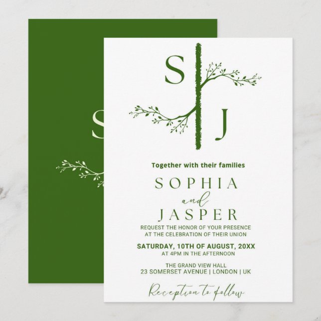 Elegante invitación a la boda floral verde y blanc (Anverso / Reverso)