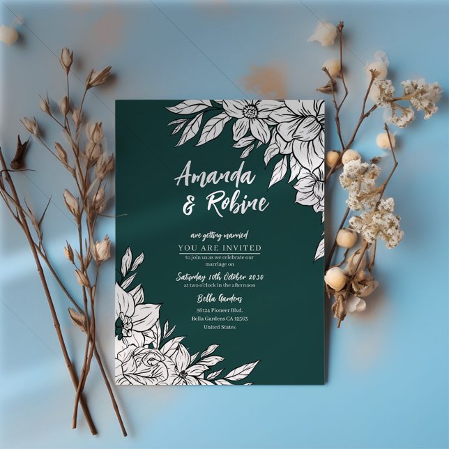 Elegante invitación a la boda floral verde y blanc (Subido por el creador)