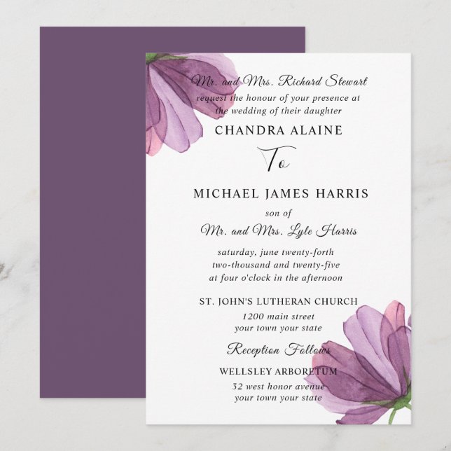 Elegante Invitación a la boda formal floral modern (Anverso / Reverso)