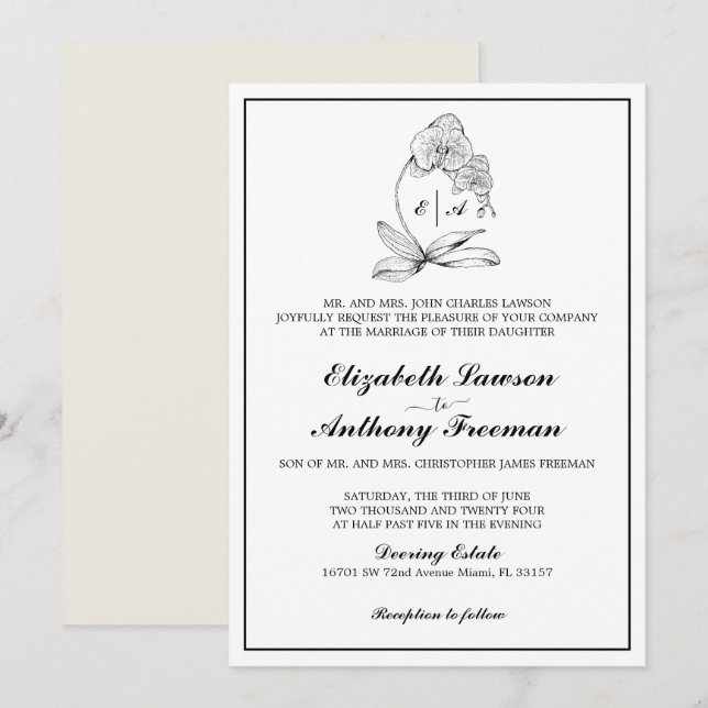 Elegante Invitación a la boda formal por monograma (Anverso / Reverso)