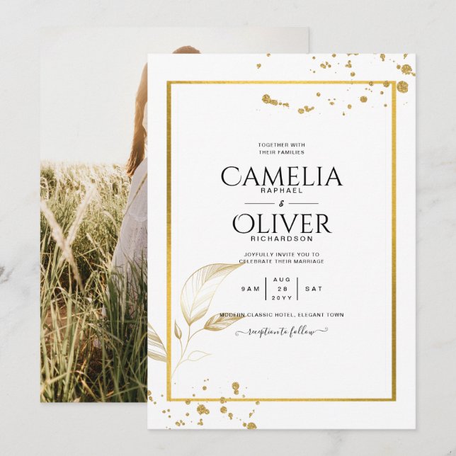 Elegante invitación a la boda fotográfica blanca y (Anverso / Reverso)