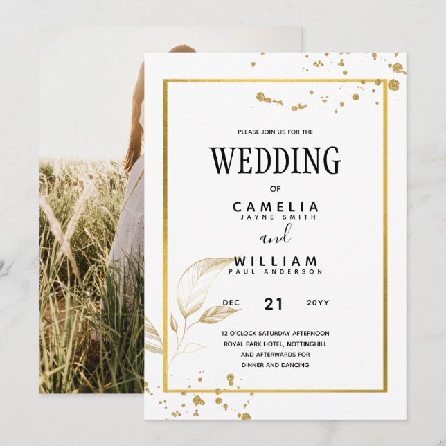 Elegante invitación a la boda fotográfica blanca y (Anverso / Reverso)