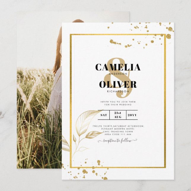 Elegante invitación a la boda fotográfica blanca y (Anverso / Reverso)