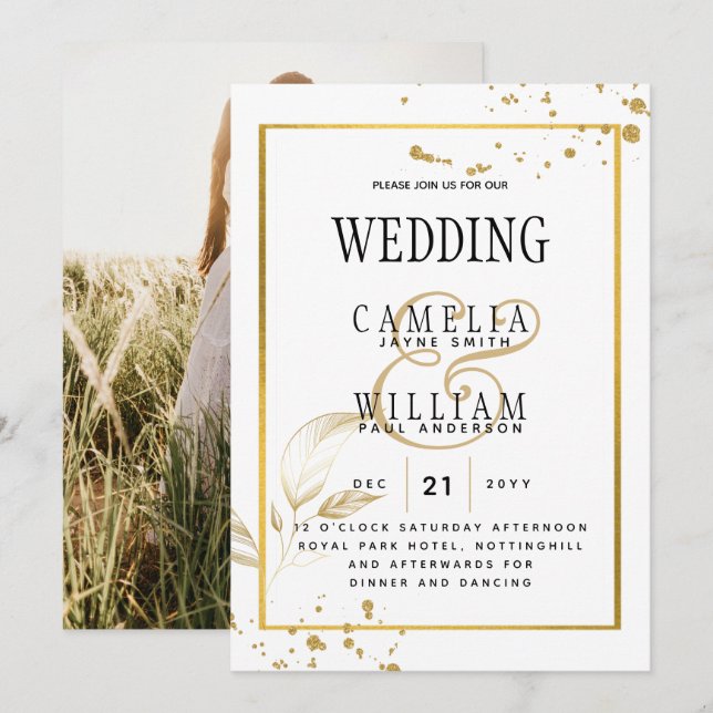 Elegante invitación a la boda fotográfica blanca y (Anverso / Reverso)