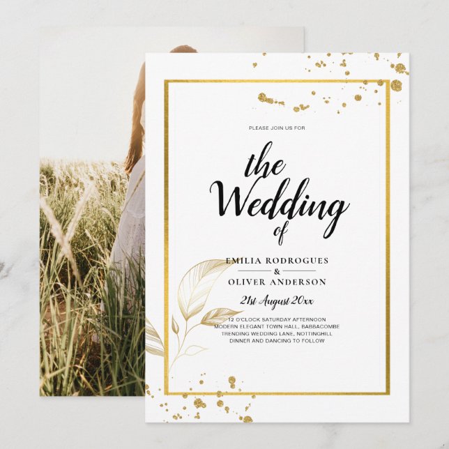 Elegante invitación a la boda fotográfica blanca y (Anverso / Reverso)