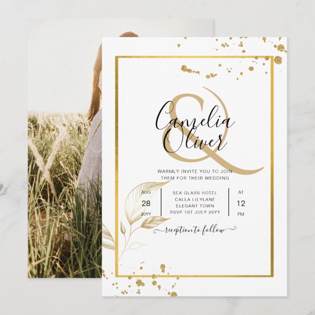 Elegante invitación a la boda fotográfica blanca y (Anverso / Reverso)