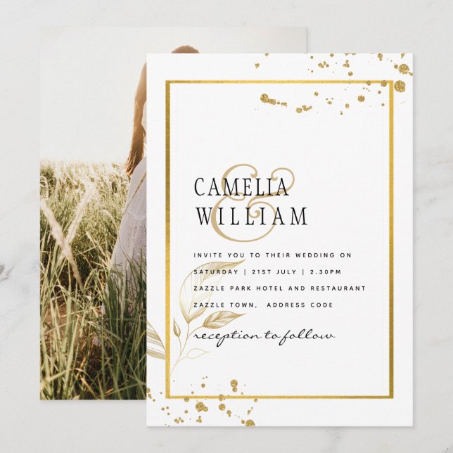 Elegante invitación a la boda fotográfica blanca y (Anverso / Reverso)