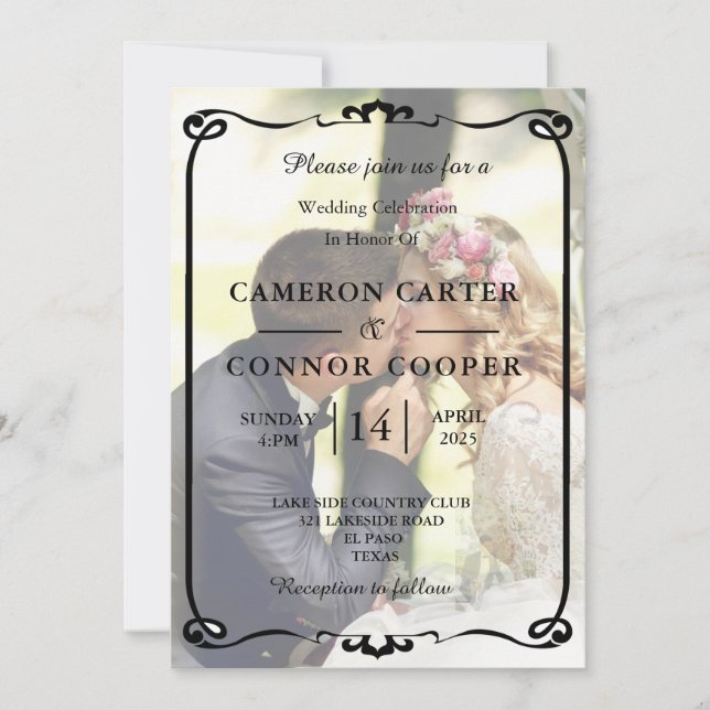 Elegante invitación a la boda fotográfica en blanc (Anverso)