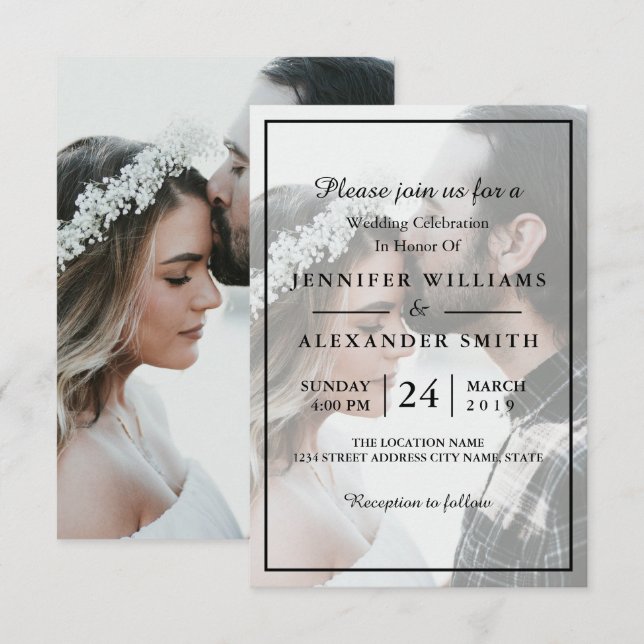 Elegante invitación a la boda fotográfica en blanc (Anverso / Reverso)