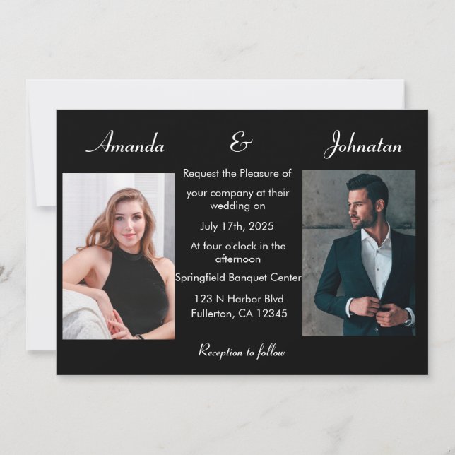 Elegante invitación a la boda fotográfica en blanc (Anverso)