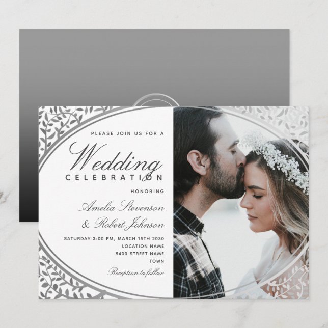 Elegante invitación a la boda fotográfica en blanc (Anverso / Reverso)