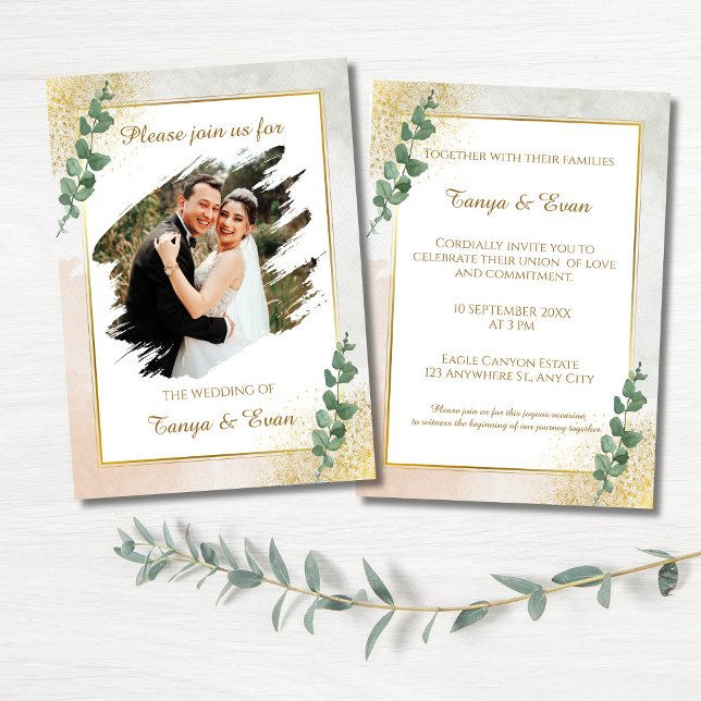 Elegante Invitación a la boda fotográfica verde y  (Elegant Green & Gold Photo Wedding Invitation)