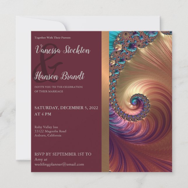 Elegante Invitación a la boda fractal de la concha (Anverso)