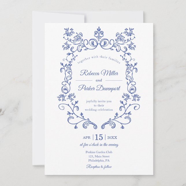 Elegante invitación a la boda francesa azul (Anverso)
