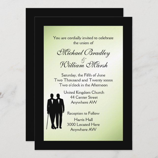 Elegante invitación a la boda gay verde (Anverso / Reverso)