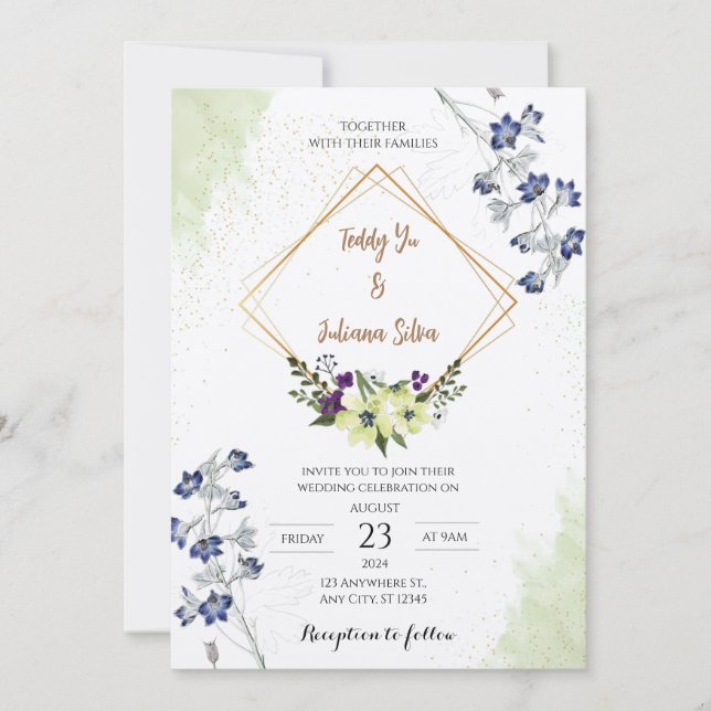 Elegante Invitación a la Boda Geométrica Floral (Anverso)