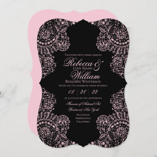 Elegante invitación a la boda gótica de encaje ros (Anverso / Reverso)