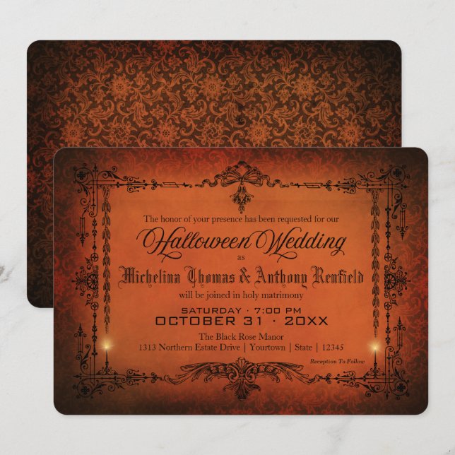 Elegante invitación a la boda gótica de Halloween (Anverso / Reverso)