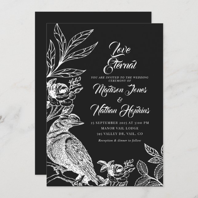 Elegante invitación a la boda gótica de raven (Anverso / Reverso)