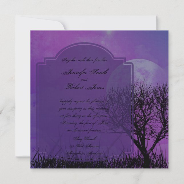 Elegante invitación a la boda gótica púrpura (Anverso)
