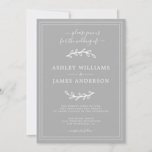 Elegante invitación a la Boda Gris (Anverso)