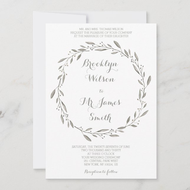 Elegante Invitación a la Boda Gris Floral Wreath (Anverso)