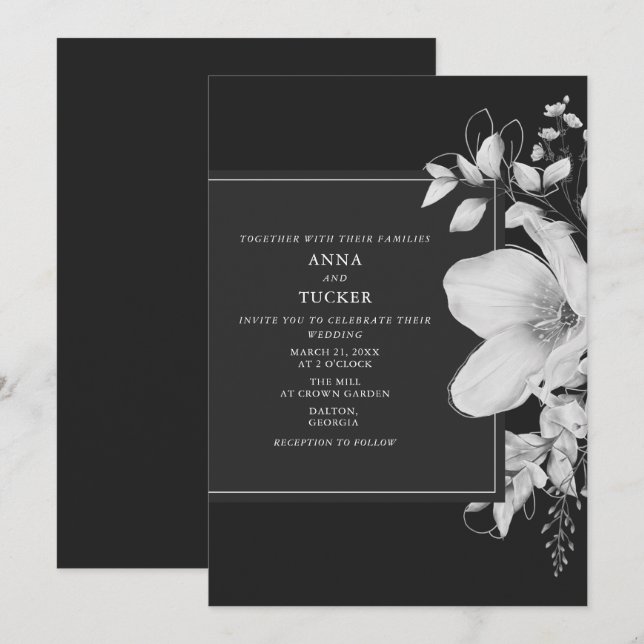 Elegante Invitación a la Boda Gris Negra y Blanca (Anverso / Reverso)