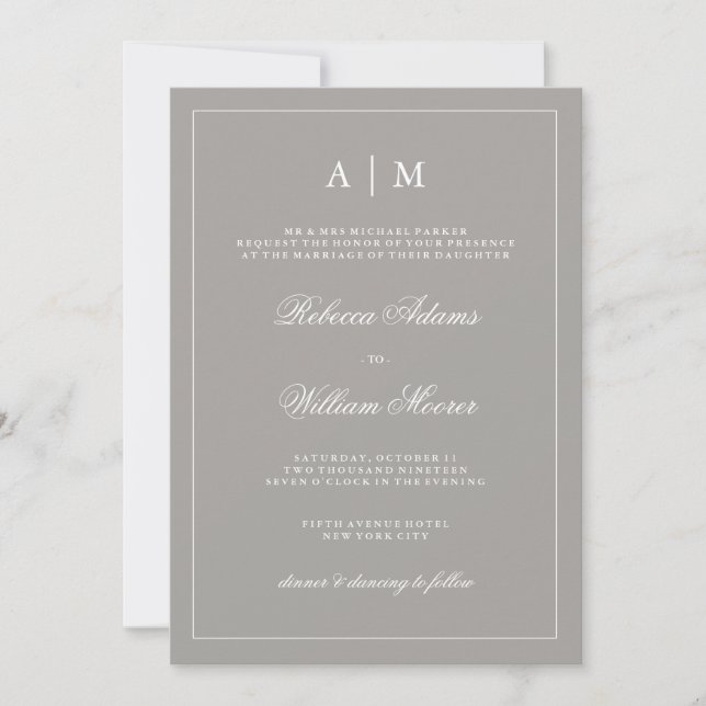 Elegante invitación a la boda gris profunda (Anverso)