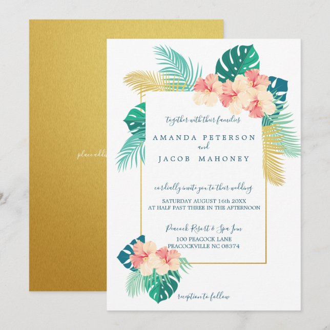 Elegante invitación a la boda hawaiana hibiscus (Anverso / Reverso)