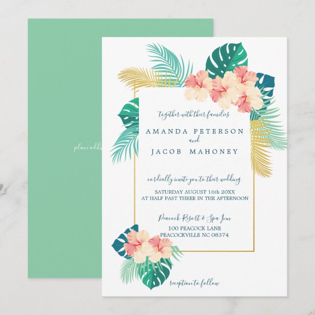 Elegante invitación a la boda hawaiana hibiscus (Anverso / Reverso)