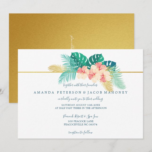 Elegante invitación a la boda hawaiana hibiscus (Anverso / Reverso)