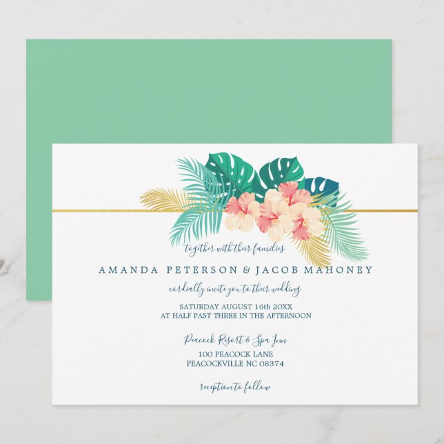 Elegante invitación a la boda hawaiana hibiscus (Anverso / Reverso)