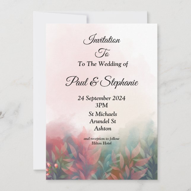 Elegante Invitación a la boda, hojas verdes y rosa (Anverso)