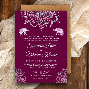 Elegante invitación a la boda india de Henna púrpu