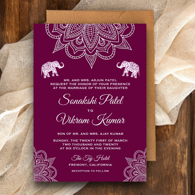 Elegante invitación a la boda india de Henna púrpu (Subido por el creador)