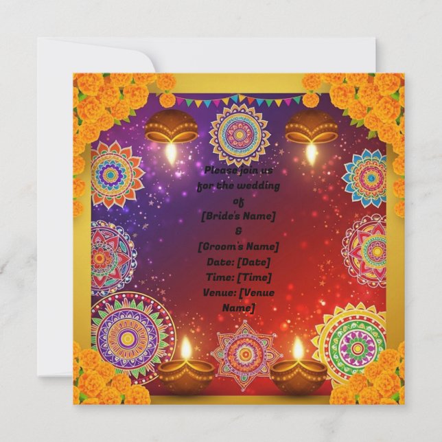 Elegante invitación a la boda india de Rangoli (Anverso)