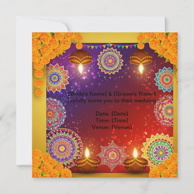 Elegante invitación a la boda india de Rangoli (Anverso)