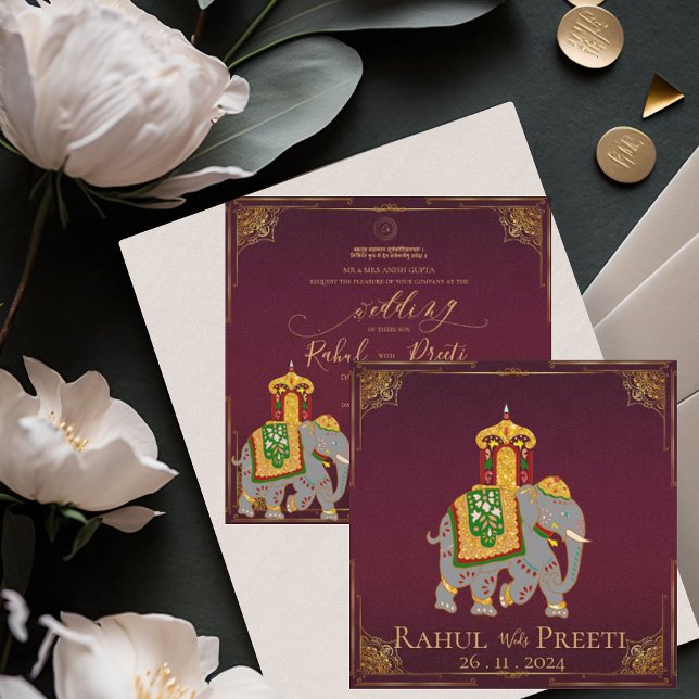 Elegante Invitación a la boda india del oro rojo b (Elegant Bright Red Gold Indian Wedding Invitation)