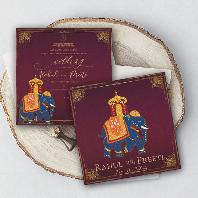 Elegante Invitación a la boda india del oro rojo b (Elegant Bright Red Gold Indian Wedding Invitation)