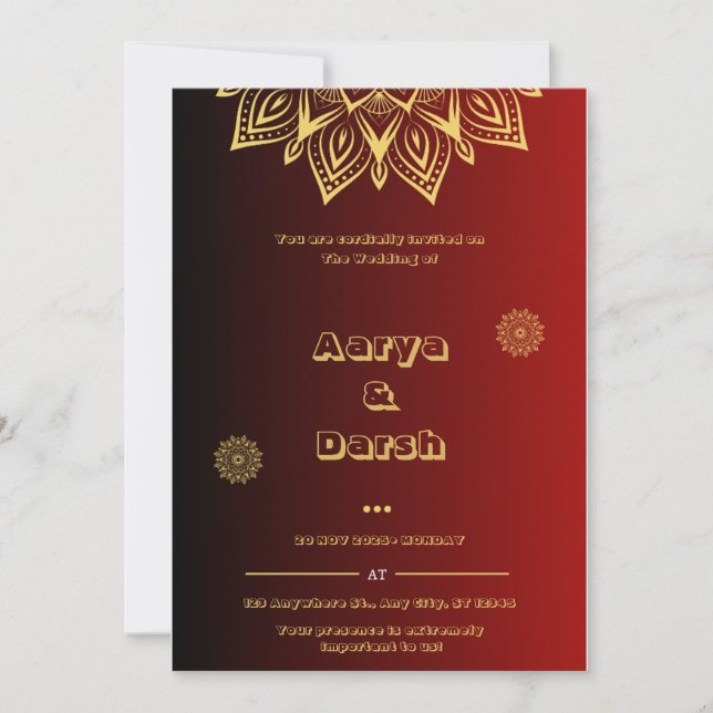 Elegante invitación a la boda india en rojo y oro (Anverso)